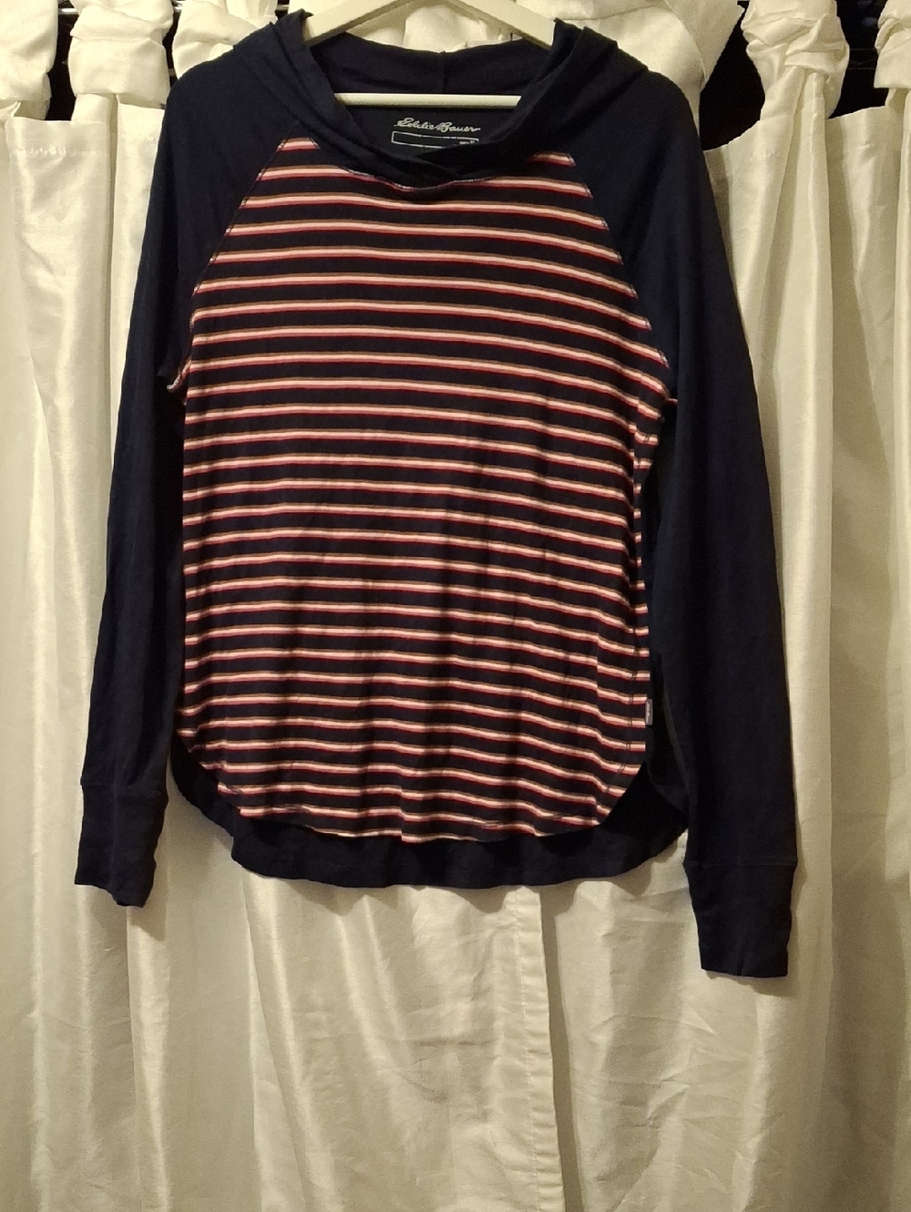 Eddie Bauer Navy Hoodie with Pink and White Striped Front